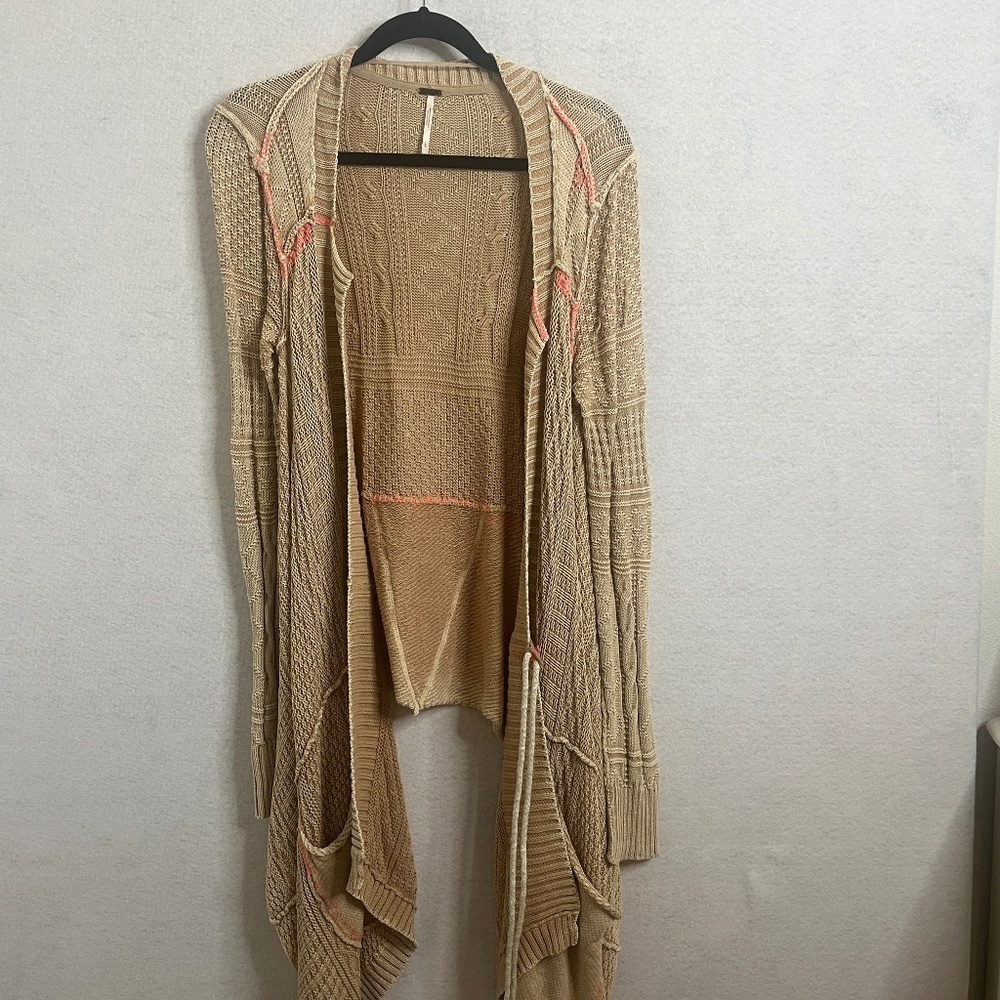 Free People Large Boho Waterfall Cardigan Tan Open Knit Draped Belted Distressed